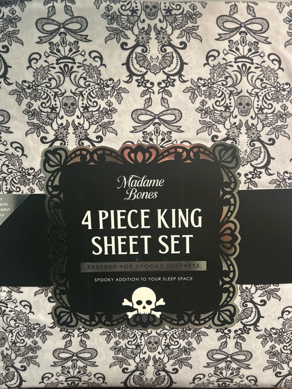 Madame Bones King Sheet Set 4pc Gothic Skull Bat Damask Black Gray Halloween